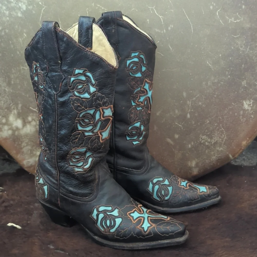CORRAL R2482 Espresso brown & turquoise inlay crosses & roses cowgirl boots sz 7 - Picture 3 of 16